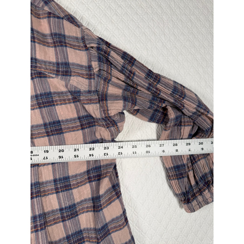 We The Free Free People Jessi Plaid Henley Sm Babydoll Peasant Top Pink Blue 1.5 - Picture 4 of 8